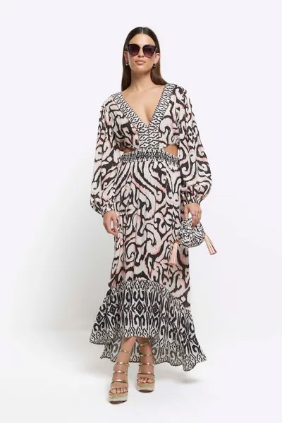 Платье макси с глубоким вырезом River Island, бежевый