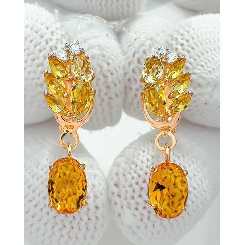 Серьги Trade Jewelry из серебра 925 пробы (покрытие золото 585) с цитрином и белыми фианитами длинные