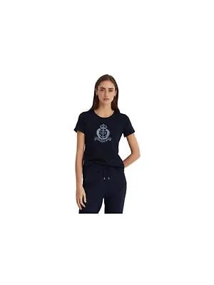 LAUREN RALPH LAUREN Женская темно-синяя футболка с короткими рукавами и логотипом на закатанных манжетах, M