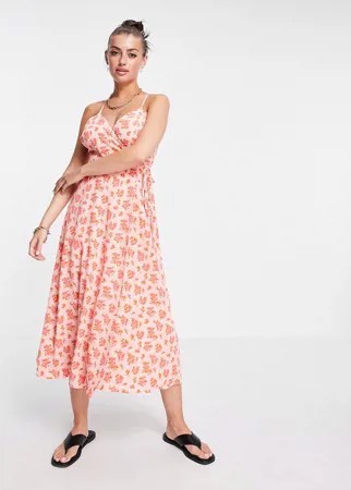 Платье миди с запахом, перекрестными бретельками и винтажным цветочным принтом Fashion Union-Розовый цвет