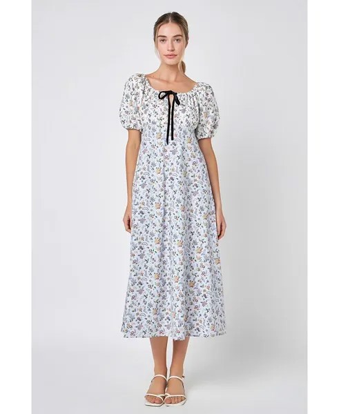 Женское платье миди с пышными рукавами и цветочным принтом English Factory, мультиколор