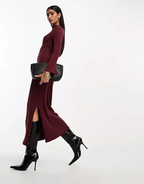 Мягкое бордовое платье миди с длинными рукавами и высоким воротником ASOS