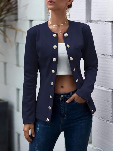 Milanoo Women Jackets Jewel Neck Casual Buttons Street Wear Dark Navy Jacket For Women