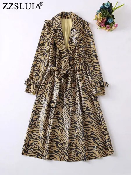 Тренч ZZSLUIA женский с леопардовым принтом, винтажный дизайнерский облегающий Длинный плащ на шнуровке, Модная элегантная верхняя одежда с длинным рукавом для женщин