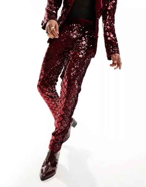Брюки Asos Design Skinny Suit In Diamond Sequin, бордовый
