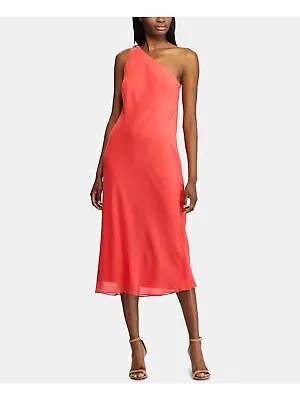 Женское коралловое вечернее платье миди без рукавов RALPH LAUREN с асимметричным вырезом 8