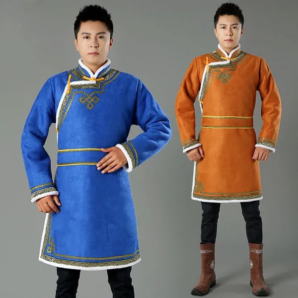 Зимний мужской костюм Тан, длинное хлопковое пальто, традиционная одежда в китайском стиле, Мужская монгольская длинная куртка, топы в национальном стиле