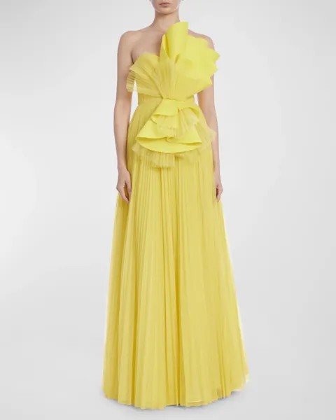 Плиссированное платье А-силуэта без бретелек с рюшами Badgley Mischka Collection, цвет Lemon