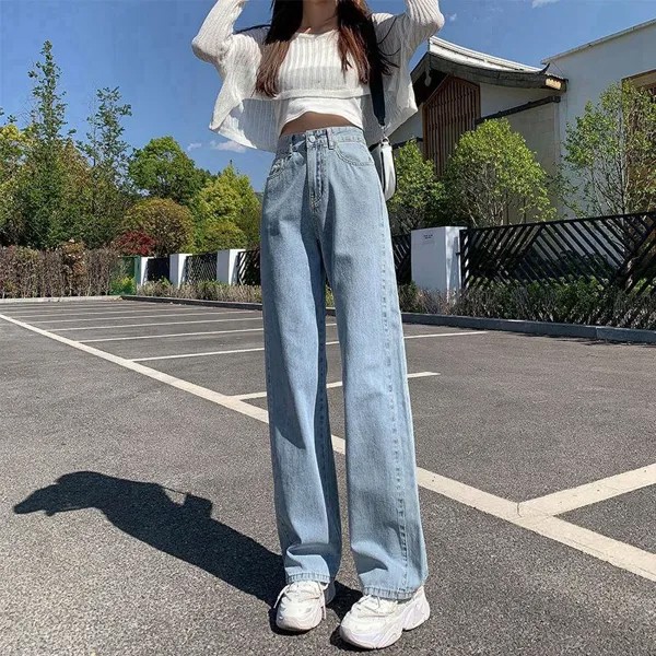 Мода All-match Blue Женщины Широкие ноги Прямые Джинсы Slim High Талия Джинсовые брюки Свободные брюки