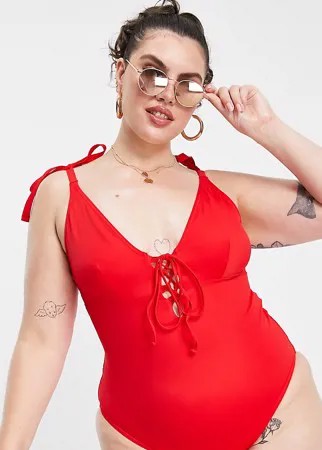 Красный купальник со шнуровкой и завязками на плече ASOS DESIGN