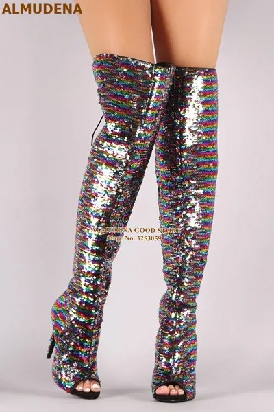 Женские ботфорты с блестками ALMUDENA, разноцветные Сапоги выше колена на каблуках, блестящие высокие сапоги до бедра с блестками, свадебная обувь