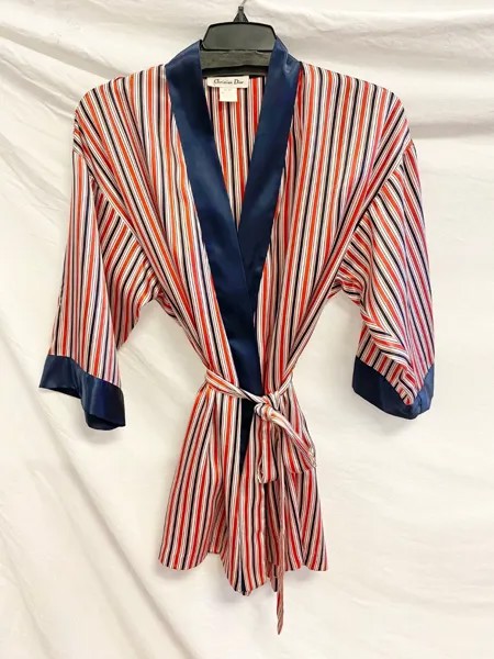 CHRISTIAN DIOR Атласное кимоно в красно-бело-синюю полоску Платье с запахом и завязками XS Petite