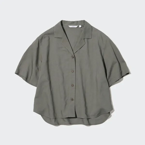 Рубашка UNIQLO льняная с открытым вырезом и короткими рукавами, оливковый