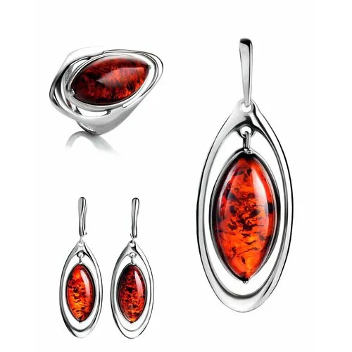 Комплект бижутерии AmberHandmade: подвеска, кольцо, серьги, янтарь, бордовый