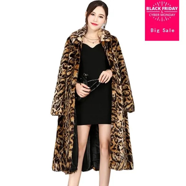 S-6XL, зимний модный новый плащ из искусственного меха, утолщенное теплое плюшевое пальто, Длинная ветровка с искусственным мехом леопарда, ве...