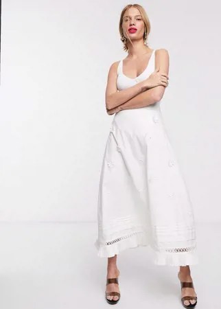Хлопковая юбка миди с плиссировкой и цветочной аппликацией Lost Ink-Белый