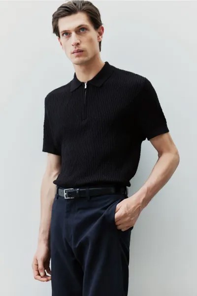 Рубашка-Поло косой вязки приталенного кроя H&M, черный
