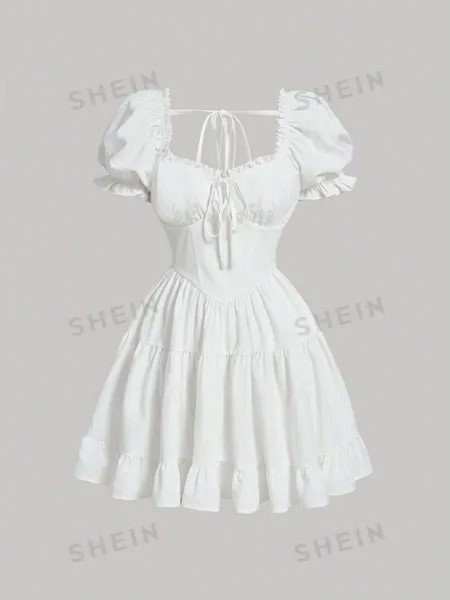 Платье MOD, Однотонное, бант спереди, оборки/рюши Shein, белый