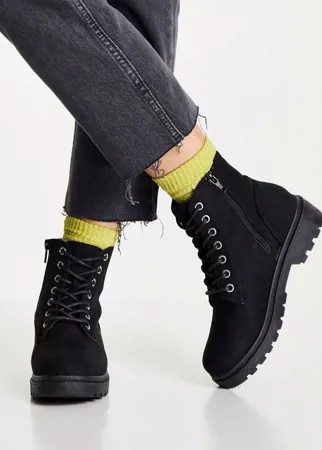Черные ботинки на плоской подошве со шнуровкой и молнией New Look-Черный цвет