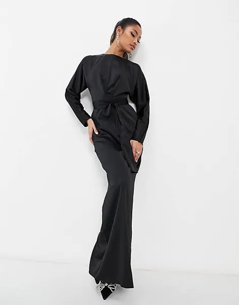 Черное атласное платье макси с рукавами «летучая мышь» и запахом на талии ASOS DESIGN