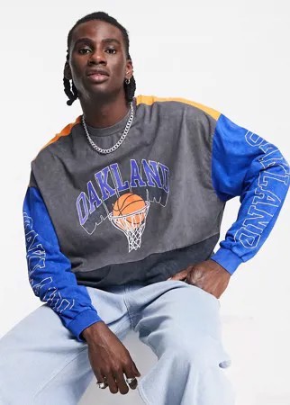 Выбеленный черный oversized-лонгслив в стиле колор блок с принтом спереди и на рукавах ASOS DESIGN-Разноцветный