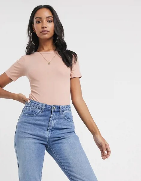 Нюдовое боди-футболка скинни в рубчик ASOS DESIGN-Neutral