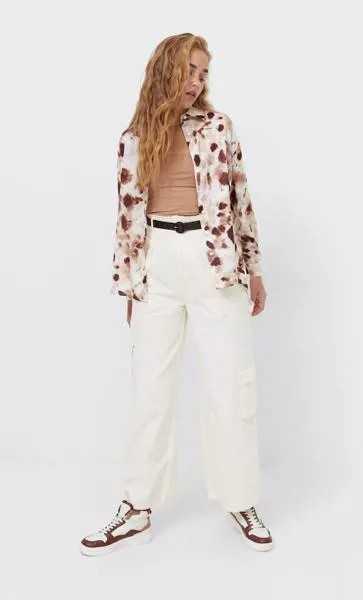 Stradivarius Рубашка Из Сатина Цвет Небеленого Полотна Xs