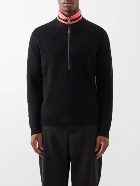 Шерстяной свитер в рубчик с полосатым воротником Moncler, черный