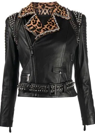 Philipp Plein декорированная байкерская куртка с леопардовым принтом