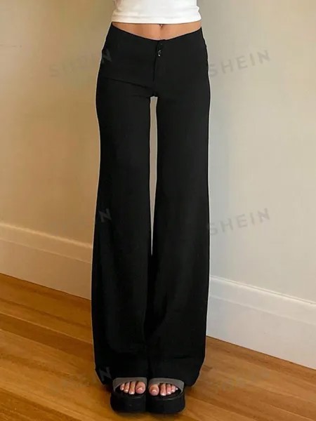 EZwear Женские повседневные Однотонные прямые брюки с низкой талией Shein, черный