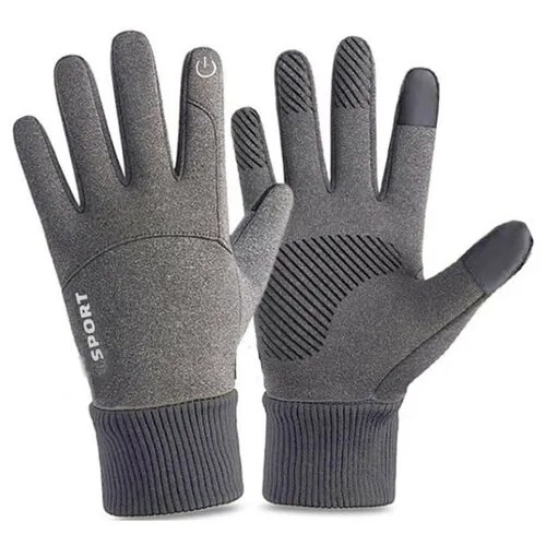 Зимние теплые флисовые перчатки - противоскользящие, ветрозащитные, водонепроницаемые, для сенсорного экрана - серые с белым