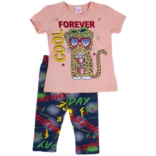 Комплект одежды для девочки, спортивный костюм - футболка и лосины, с рисунком