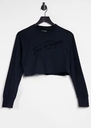 Черный лонгслив с круглым вырезом и подписью True Religion-Черный цвет