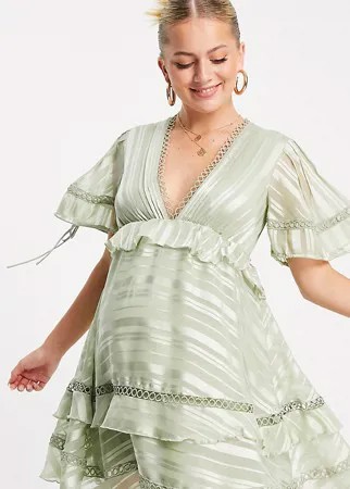 Шалфейно-зеленое платье мини с короткими рукавами, кружевной вставкой, поясом и атласными полосками ASOS DESIGN Maternity-Зеленый цвет