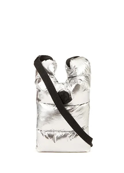 Женская сумка-пуховик с серебряным логотипом Moncler