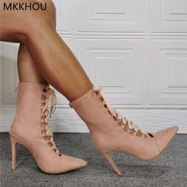 MKKHOU модные короткие сапоги для женщин, новый оригинальный дизайн, персиковые сапоги с острым перекрестным кружевом на шпильке 12 см, высокий каблук, сапоги средней длины