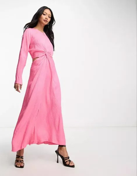 Розовое платье миди с закрученными деталями и вырезом Closet London