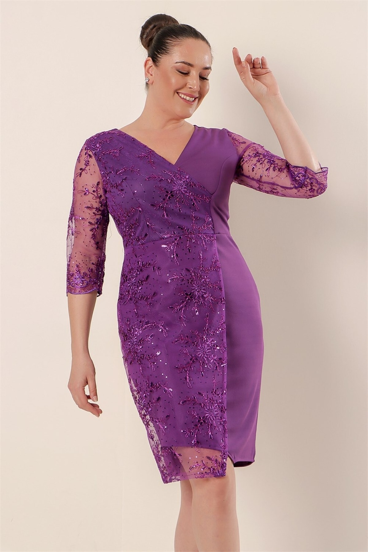 Кружевное вечернее платье больших размеров с одним боковым рукавом, фиолетовое By Saygı, фиолетовый