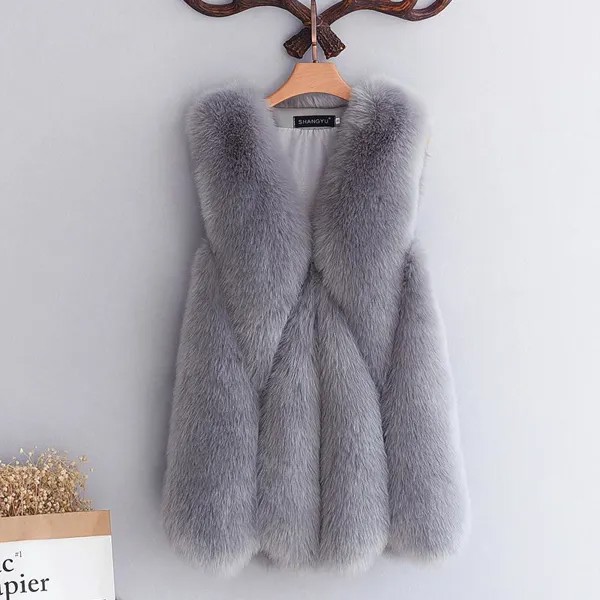 Красивая Женская зимняя теплая меховая безрукавка средней длины, женское пушистое пальто с капюшоном, зимняя меховая куртка