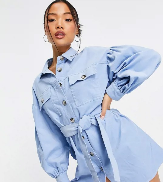 Синее вельветовое платье-рубашка мини ASOS DESIGN Petite-Голубой