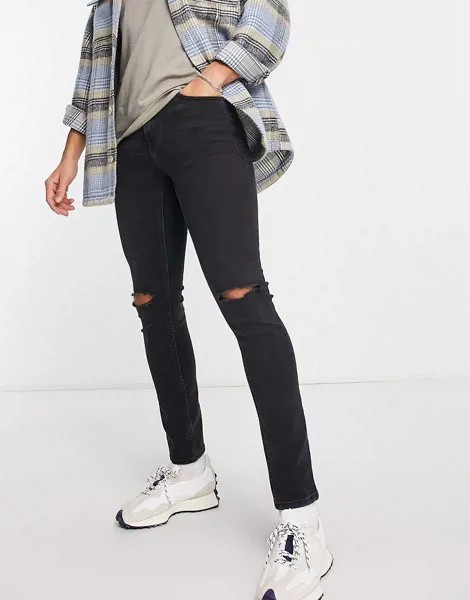 Зауженные джинсы выбеленного черного цвета со рваными разрезами Dr Denim Chase-Черный