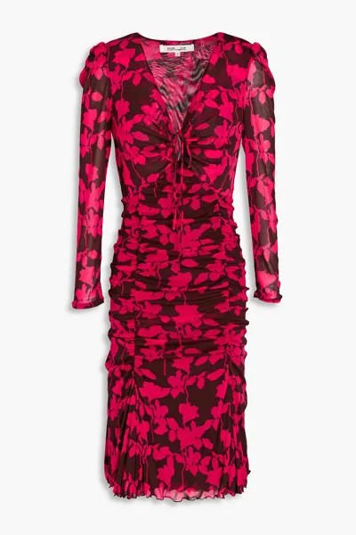 Платье Mira из эластичной сетки со сборками и цветочным принтом DIANE VON FURSTENBERG, фуксия