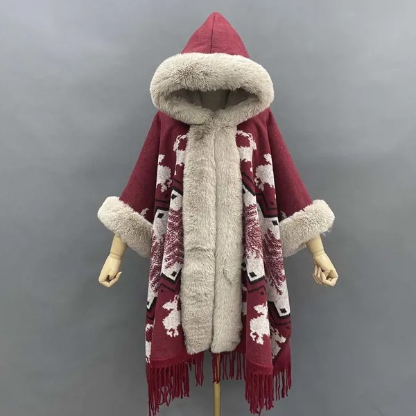 Женская красная накидка с капюшоном JANEFUR, модная Рождественская накидка с воротником из искусственного меха, длинная теплая зимняя накидка-пончо с флисовой подкладкой, 2022