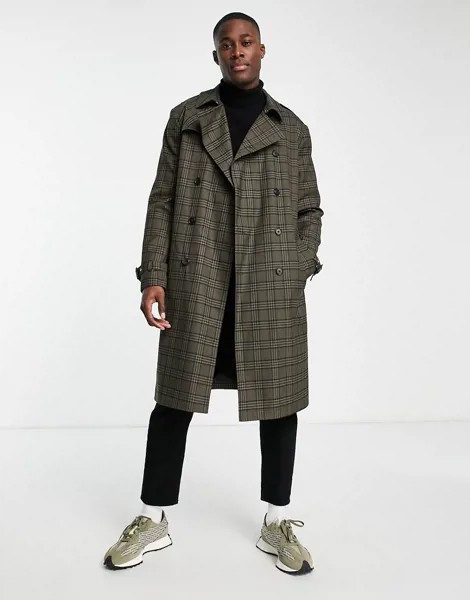 Зеленый двубортный тренч в клетку тартан ASOS DESIGN-Зеленый цвет