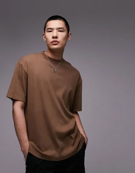 Коричневая футболка оверсайз в рубчик Topman