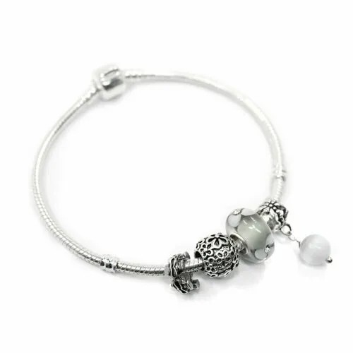 Браслет-цепочка Handinsilver ( Посеребриручку ) Браслет с шармами на основе из бижутерной стали, стразы, стекло, муранское стекло, 1 шт., размер 19 см, серый