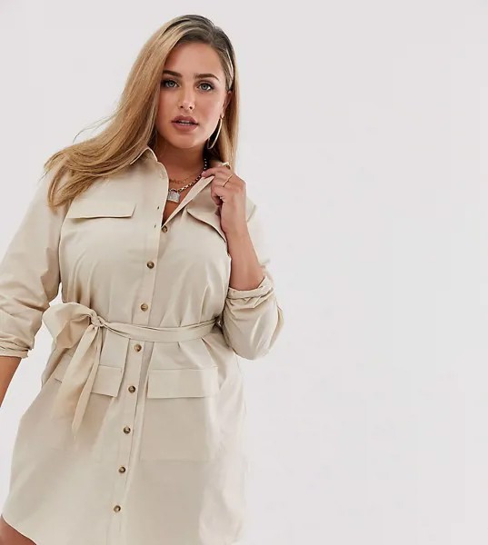 Хлопковое платье-рубашка мини в стиле милитари с поясом ASOS DESIGN Curve-Кремовый