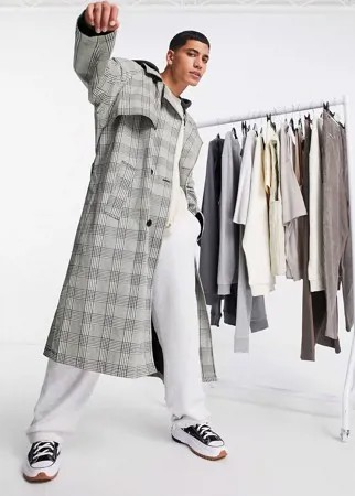 Oversized-тренч в серую клетку с капюшоном ASOS DESIGN-Серый