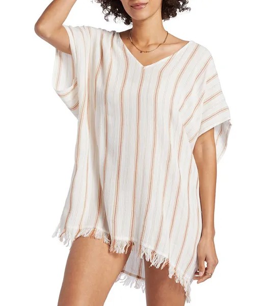 Пляжное платье для плавания Billabong Walk Away в мятую полоску с v-образным вырезом и бахромой, коричневый