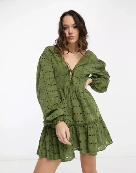Платье мини цвета хаки с английской вышивкой и завязками спереди Reclaimed Vintage